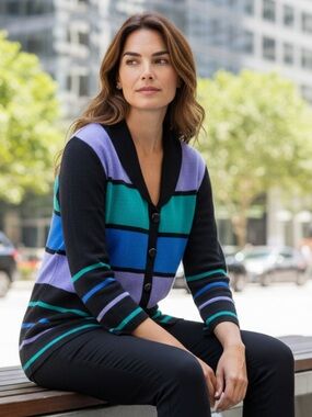 MITA Cardigan Sweater Krinkle Spun Acrylic Striped Button Tunic V Neck Classic